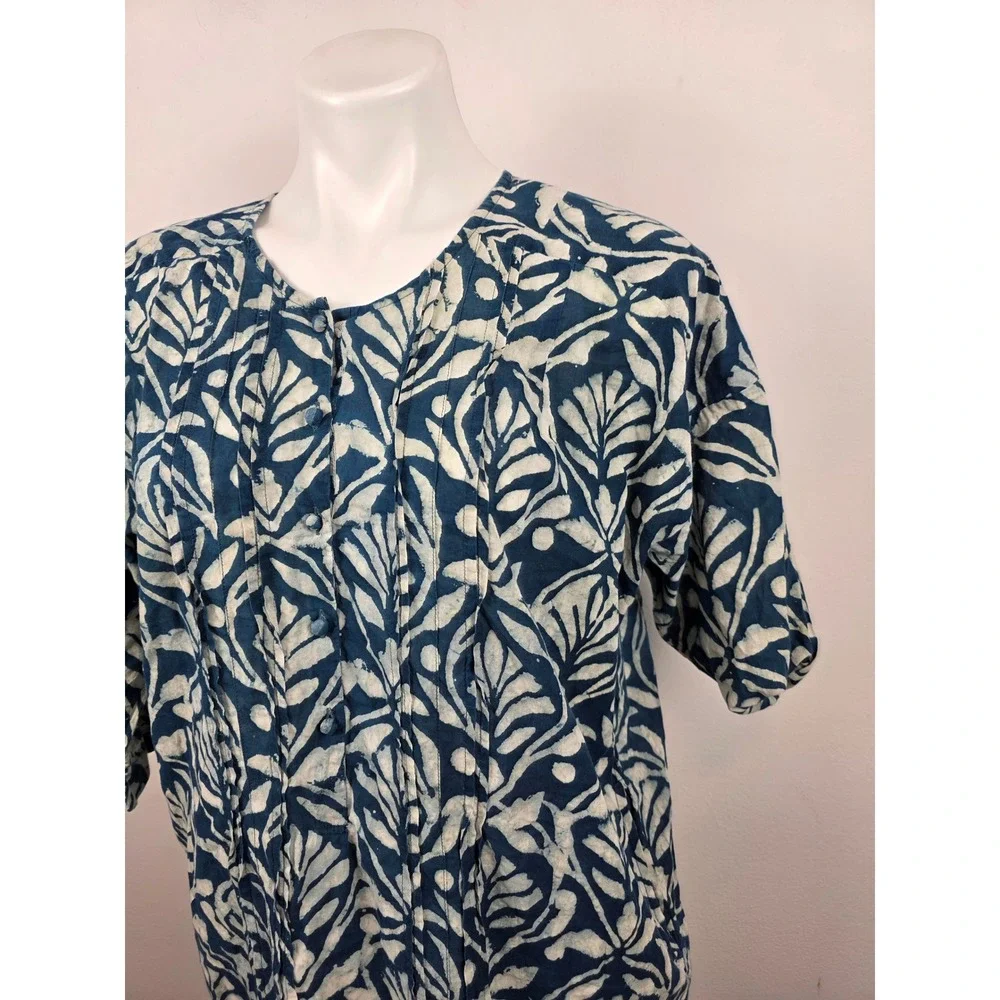 Anokhi Indigo Blue Cotton Block Print Pintuck Tunic Dress S/M Made in India